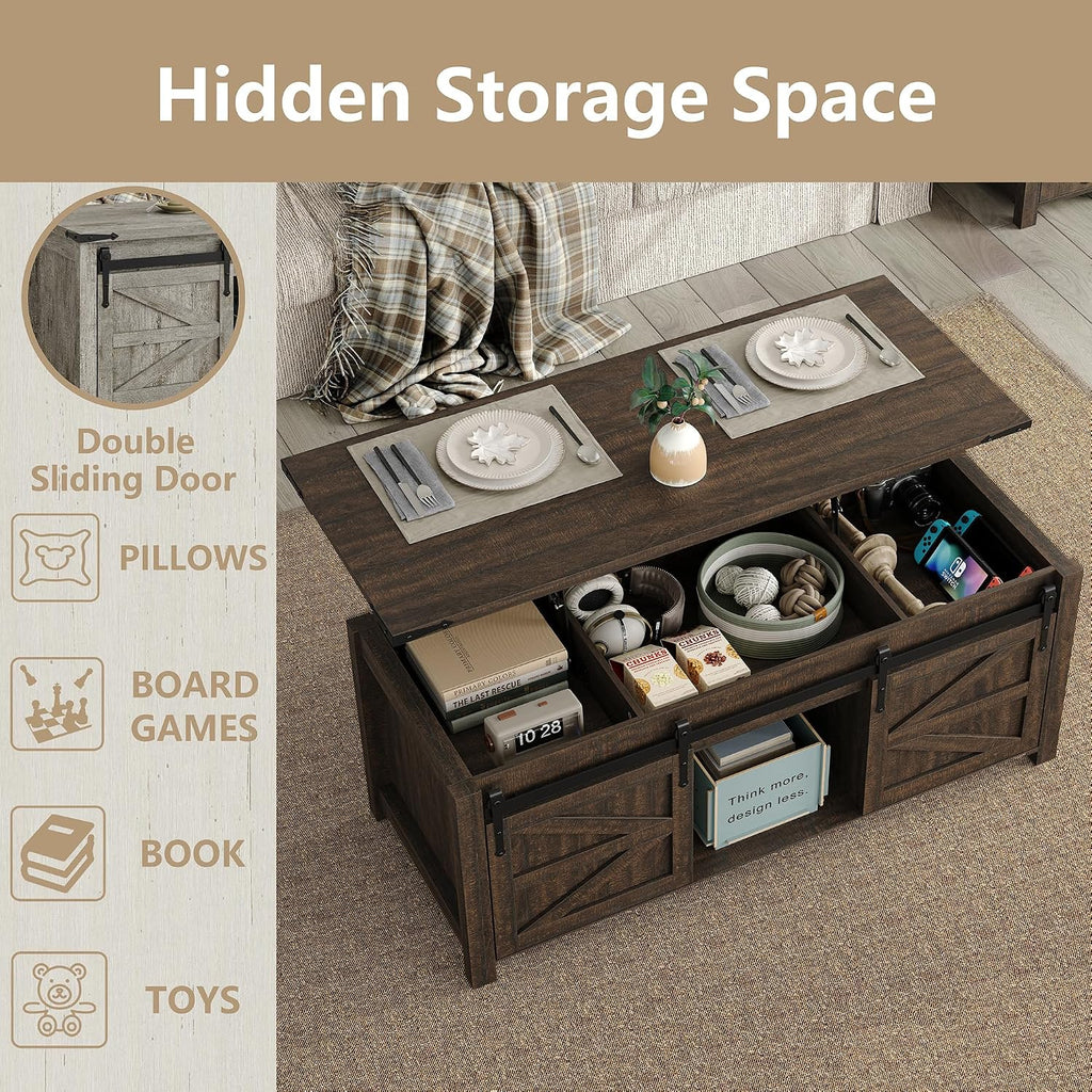 Furnihold 47.3'' Lift Top Coffee Table Rectangle Farmhouse Coffee Table with Storage Rustic Center Table with Sliding Barn Doors for Living Room, Home, Dark Brown
