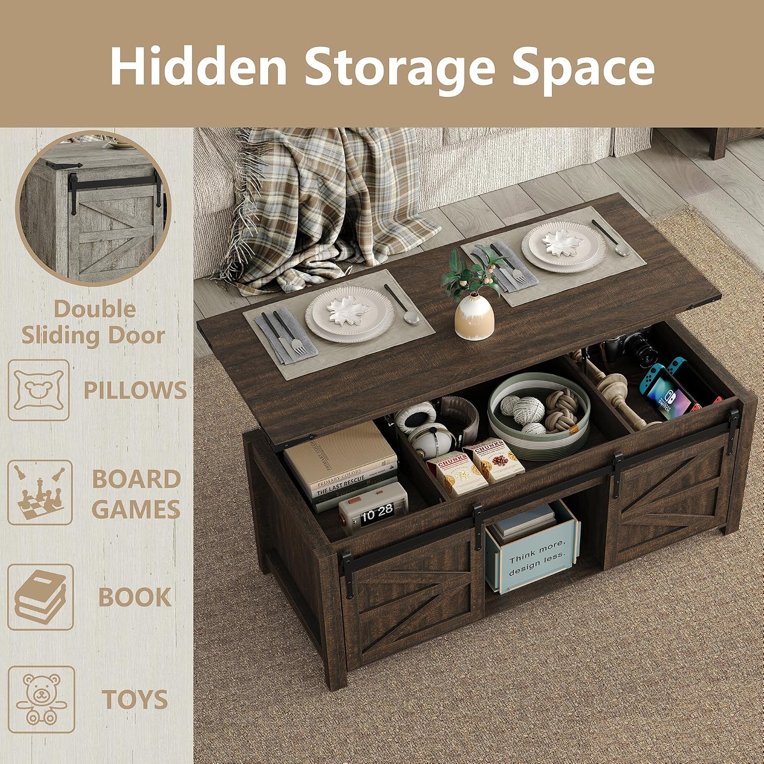 Furnihold 47.3'' Lift Top Coffee Table Rectangle Farmhouse Coffee Table with Storage Rustic Center Table with Sliding Barn Doors for Living Room, Home, Dark Brown