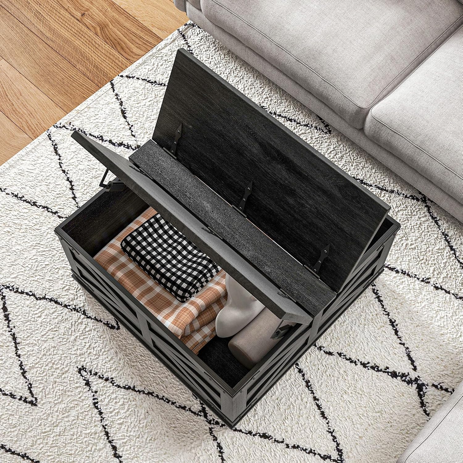HOMCOM Farmhouse Coffee Table with Storage, Center Table with Hinged Lift Top and Hidden Space, Square Coffee Table for Living Room, Distressed Black
