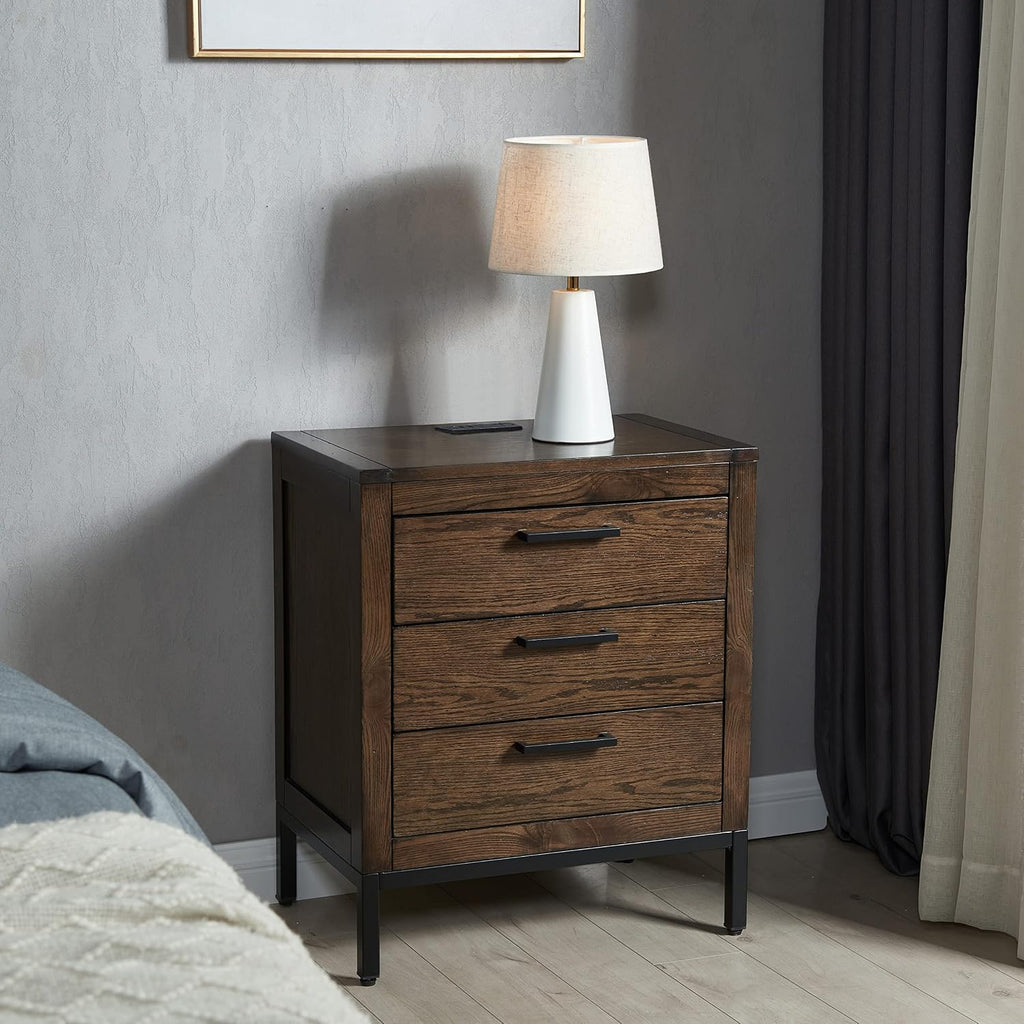 Leick Home Tableau Nightstand Side Table with Drawer and Lower Cabinet Rustic Modern – USB-C Fast Charging Station – Durable Solid Wood – Living Room, Bedroom, Office, Distressed Riverstone, 9076