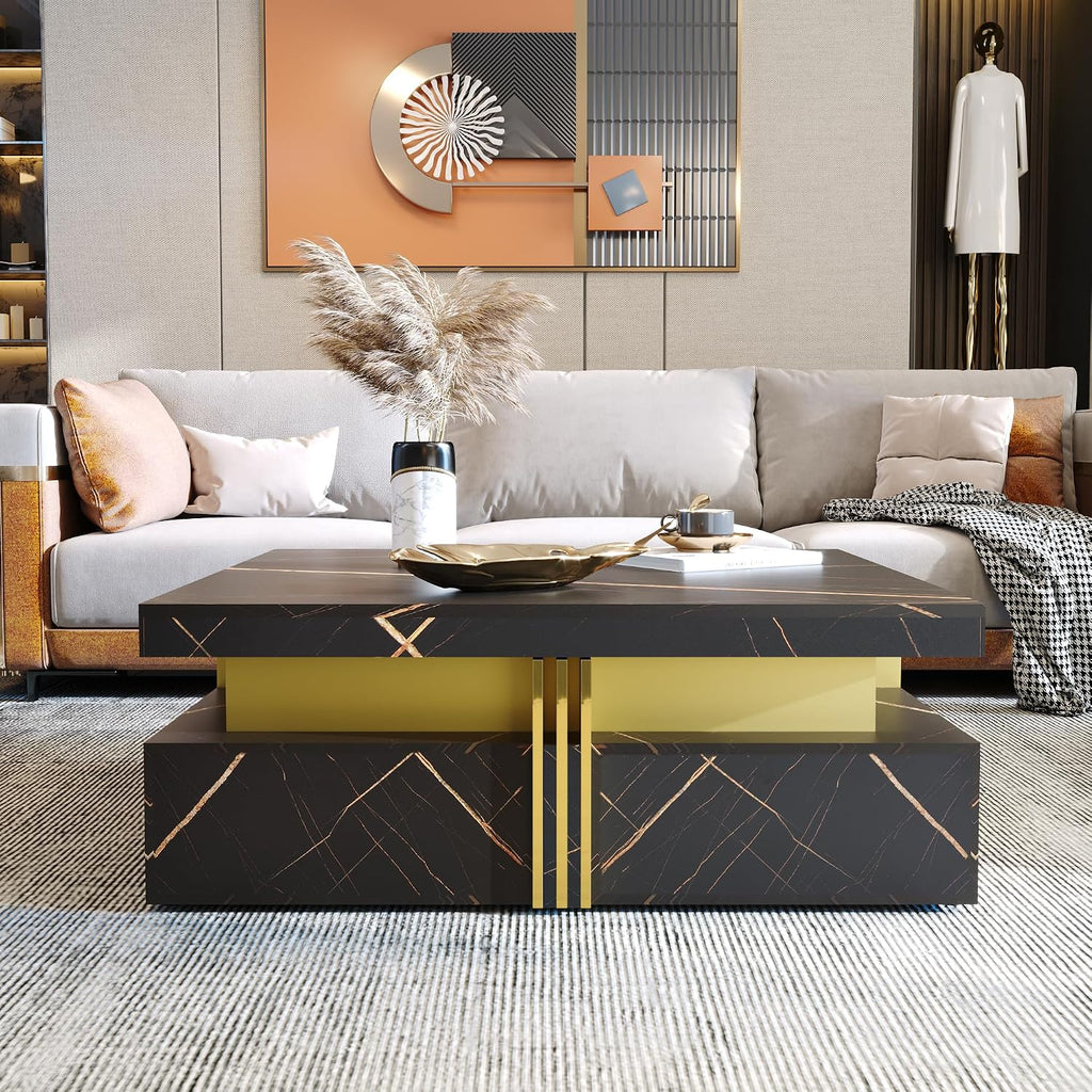 Merax Modern White and Gold Square Coffee Table with 4 Drawers, Ample Hidden Storage, Durable MDF Construction, Sleek Accent End Table for Living Room, Lounge, and Apartment Decor, Black