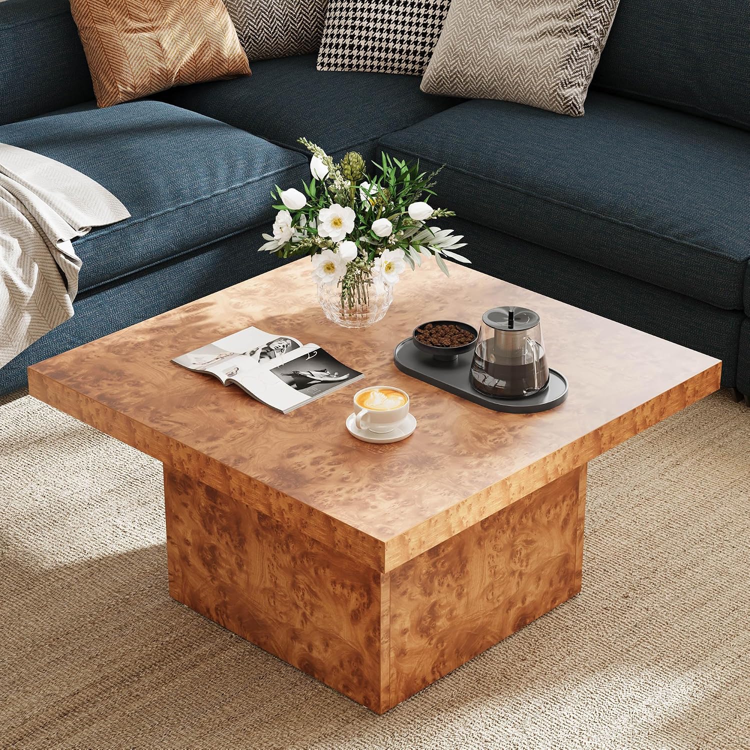 YITAHOME Coffee Table Square LED Coffee Table, Burl Wood Grain Tea Coffee Tables for Living Room/Apartment, Modern Wooden Center Table for Office Decor, Burl Wood