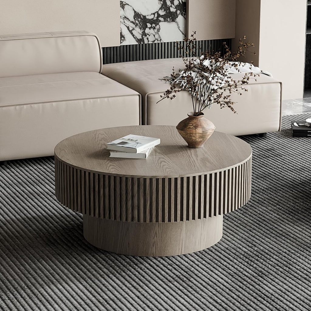 31.5'' Round Coffee Table with Storage, Modern Luxury Circle Drum Center Tables with Solid Wood Veneered, Accent Side Coffee Table for Living Room, Bedroom, Apartment-Grey
