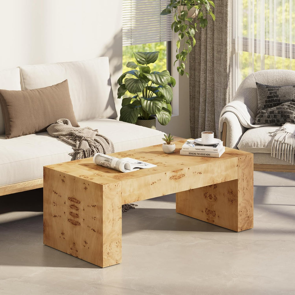 COZAYH Burl Finish Modern Wood Coffee Table with Thick Legs, Rectangular Living Room Center Table, Elegant and Sturdy Design, Farmhouse Style for Home Decor, Office, Natural