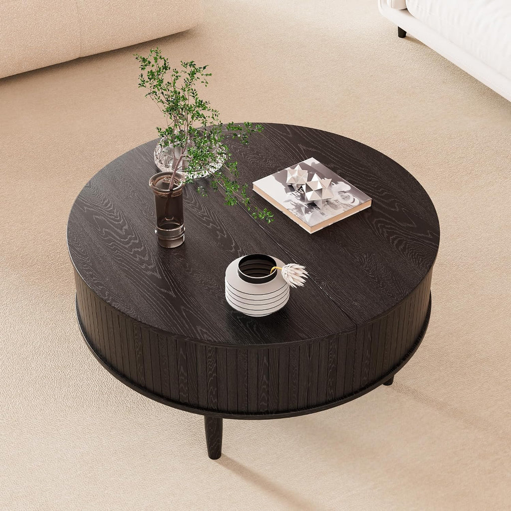 Round Fluted Lift Top Coffee Table with Storage, Mid Century Modern Coffee Table for Living Room, Home Small Space,31.5' Fluted Center Table (Black, 31.5inch)