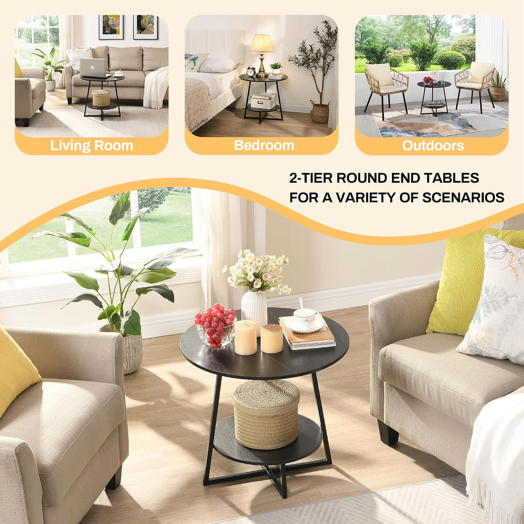 D&H FURNIMMT 20' Living Room Side Table Set of 2 for Small Spaces, 2 Tier Wood Top Round End Tables with Storage Shelf, Accent Sofa Table for Bedroom, Office, Sunroom, Balcony, Black