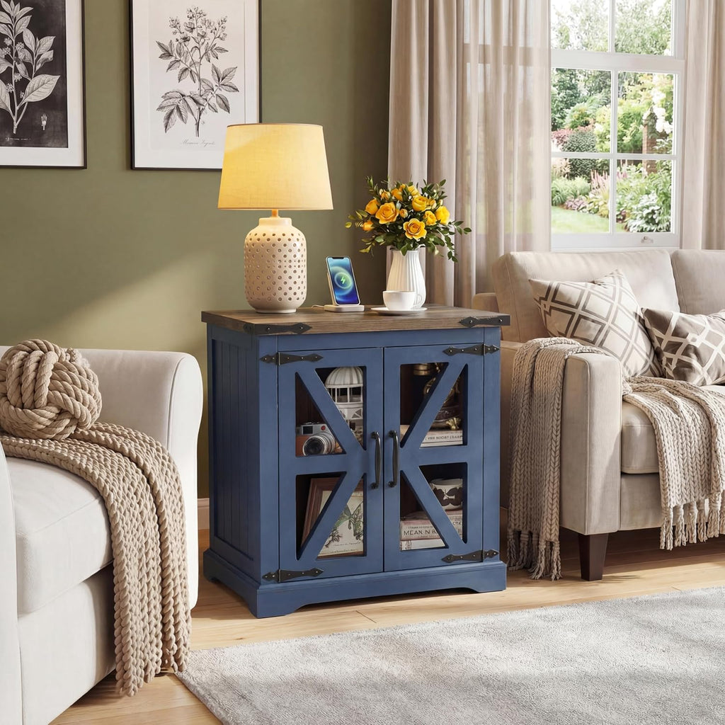 Farmhouse End Table, 24' Large End Tables with Storage, Rustic Square Sofa Beside Table with Glass Barn Door, Wood Side Table Square Nightstand for Living Room, Bedroom, Office (Misty Blue)