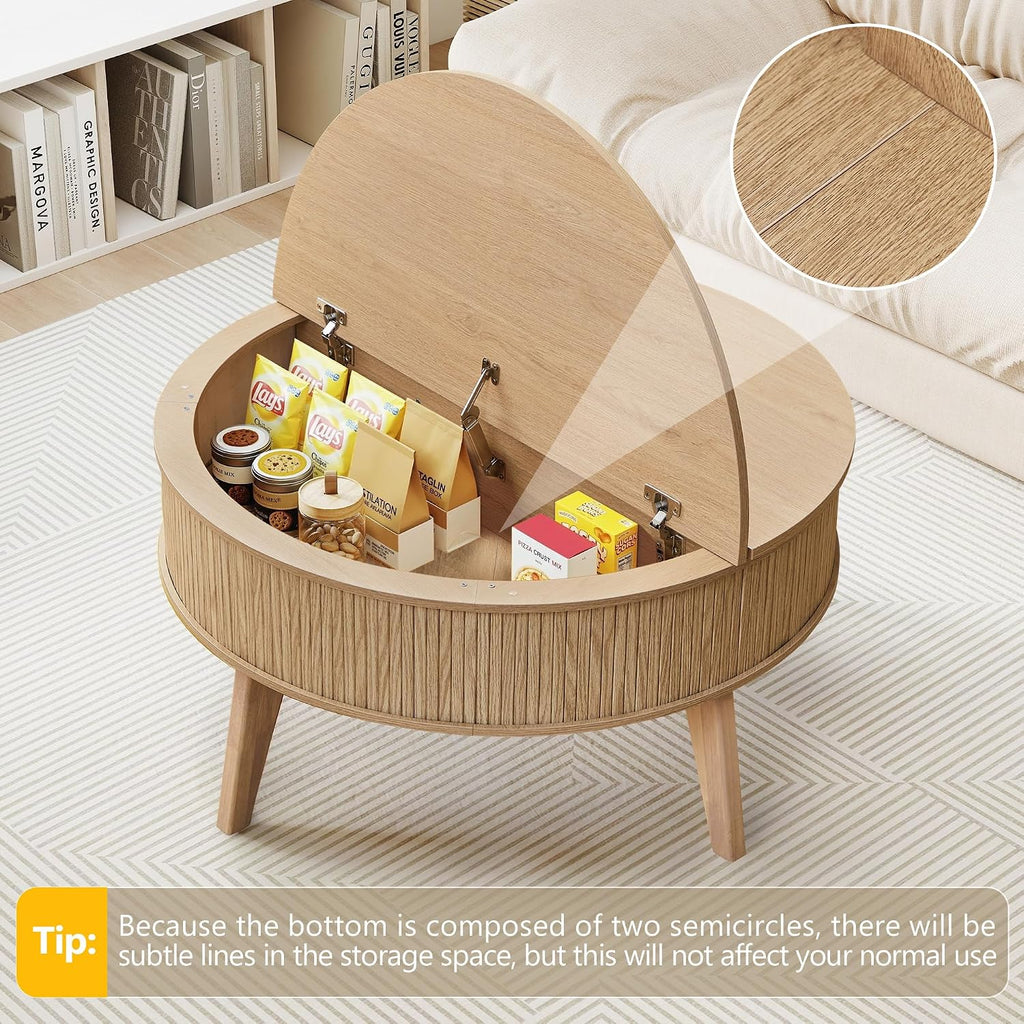 Round Lift Top Coffee Table with Storage, 35.4'' Fluted Wood Center Table Mid Century Modern Coffee Table with Lifting Top for Living Room, Office, Small Space (Natural)