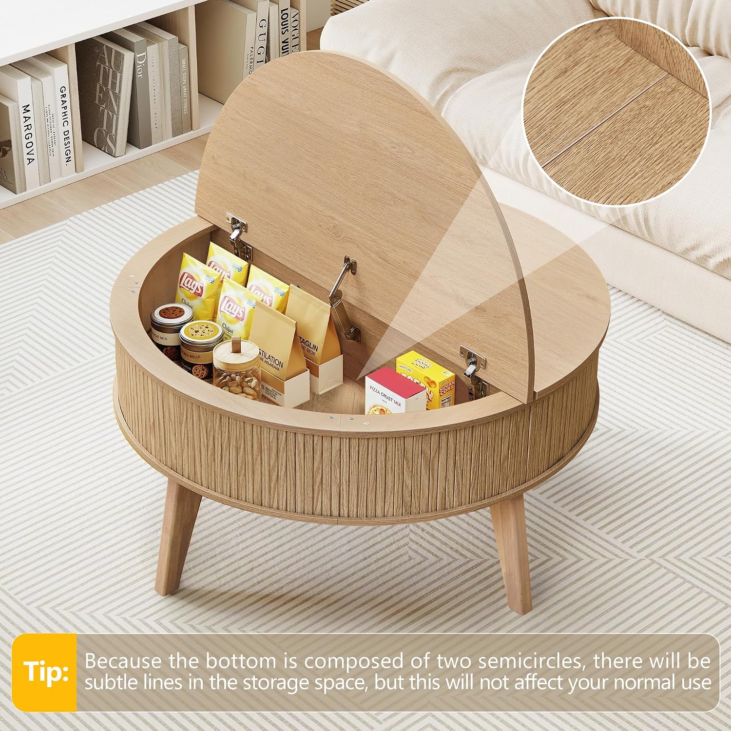 Round Lift Top Coffee Table with Storage, 35.4'' Fluted Wood Center Table Mid Century Modern Coffee Table with Lifting Top for Living Room, Office, Small Space (Natural)