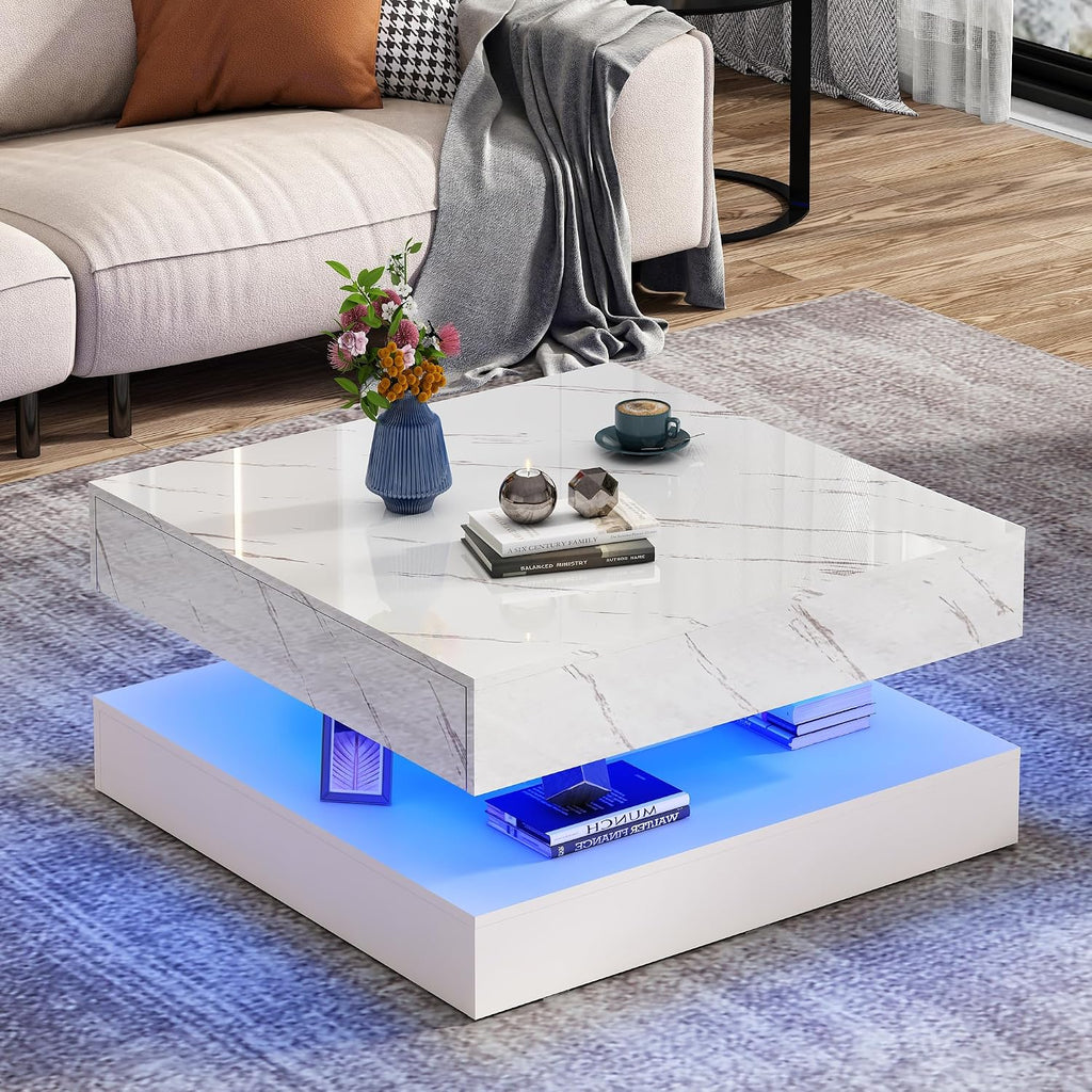 jiteentarou 33.9 Inch Modern LED Coffee Table with Storage - High Gloss Black Square Center Table with 2 Drawers, Double-Layer Design for Living Room, Home Office Furniture,White Marble