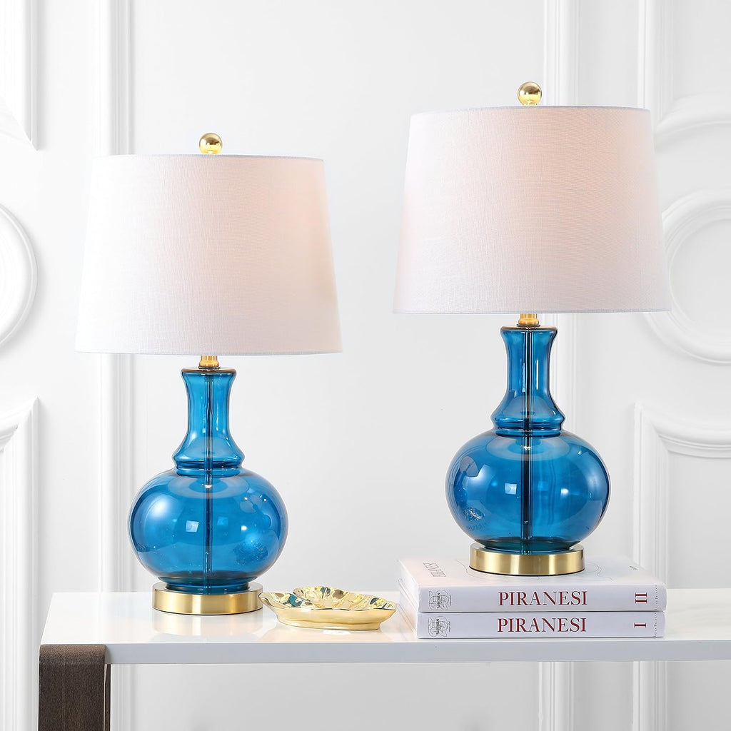 JONATHAN Y 25' Cobalt Blue/Brass Gold and Brass Gold Glass Table Lamp Set of 2 for Bedroom, Modern Bedside Lamp for Living Room Nightstand, White Linen Drum Shade, LED Bulb Included (JYL1068C-SET2)