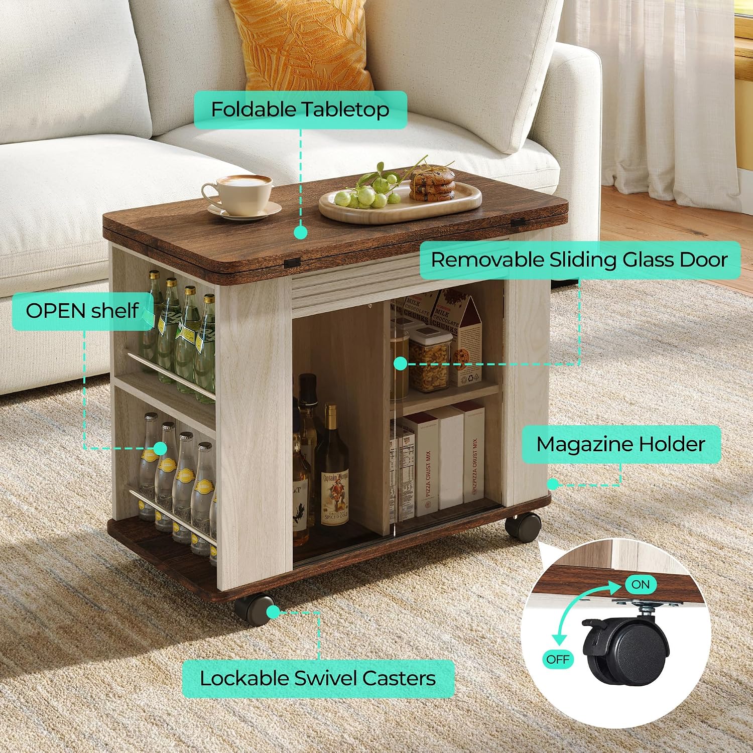 LINSY Folding Top End Table, Rolling Side Table with Universal Wheels, Modern Farmhouse Coffee Table with Sliding Glass Doors and Storage Shelf, Wood Narrow Nightstand for Living Room and Small Space