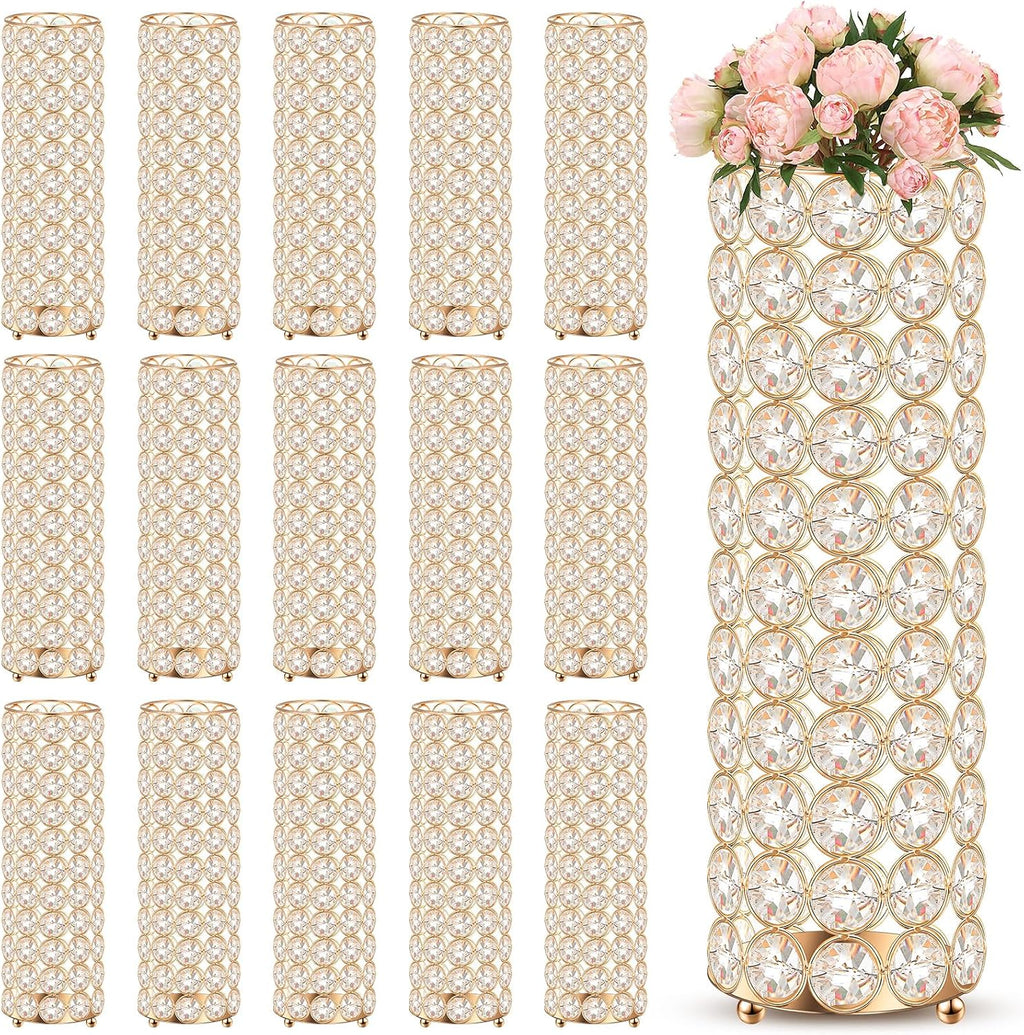 Dandat 16 Pcs Crystal Flower Vase and Pillar Candle Holder Set 10.24 Inch Wedding Cylinder Flower Vases Stand Table Centerpieces Candle Holders for Table Room Home Wedding Party Events Decor(Gold)