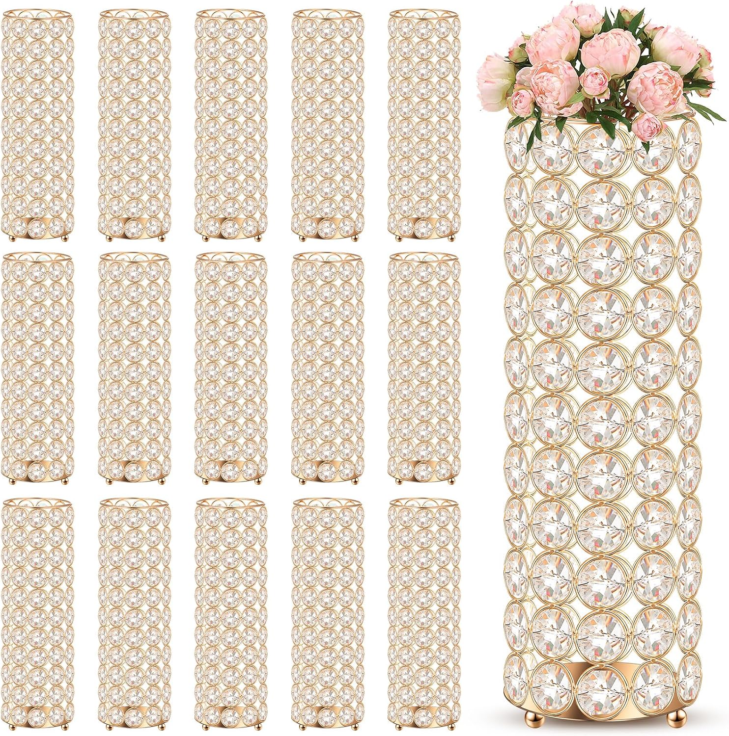 Dandat 16 Pcs Crystal Flower Vase and Pillar Candle Holder Set 10.24 Inch Wedding Cylinder Flower Vases Stand Table Centerpieces Candle Holders for Table Room Home Wedding Party Events Decor(Gold)