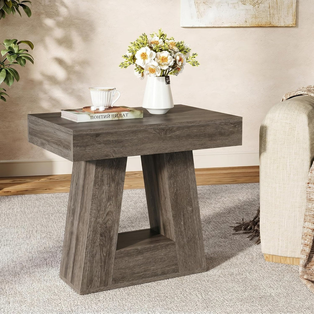 Tribesigns 24' Modern Side Table, 2-Tier Narrow Wooden End Table with Trapezoid Base, Farmhouse Small Nightstand for Living Room, Bedroom (1, Gray)
