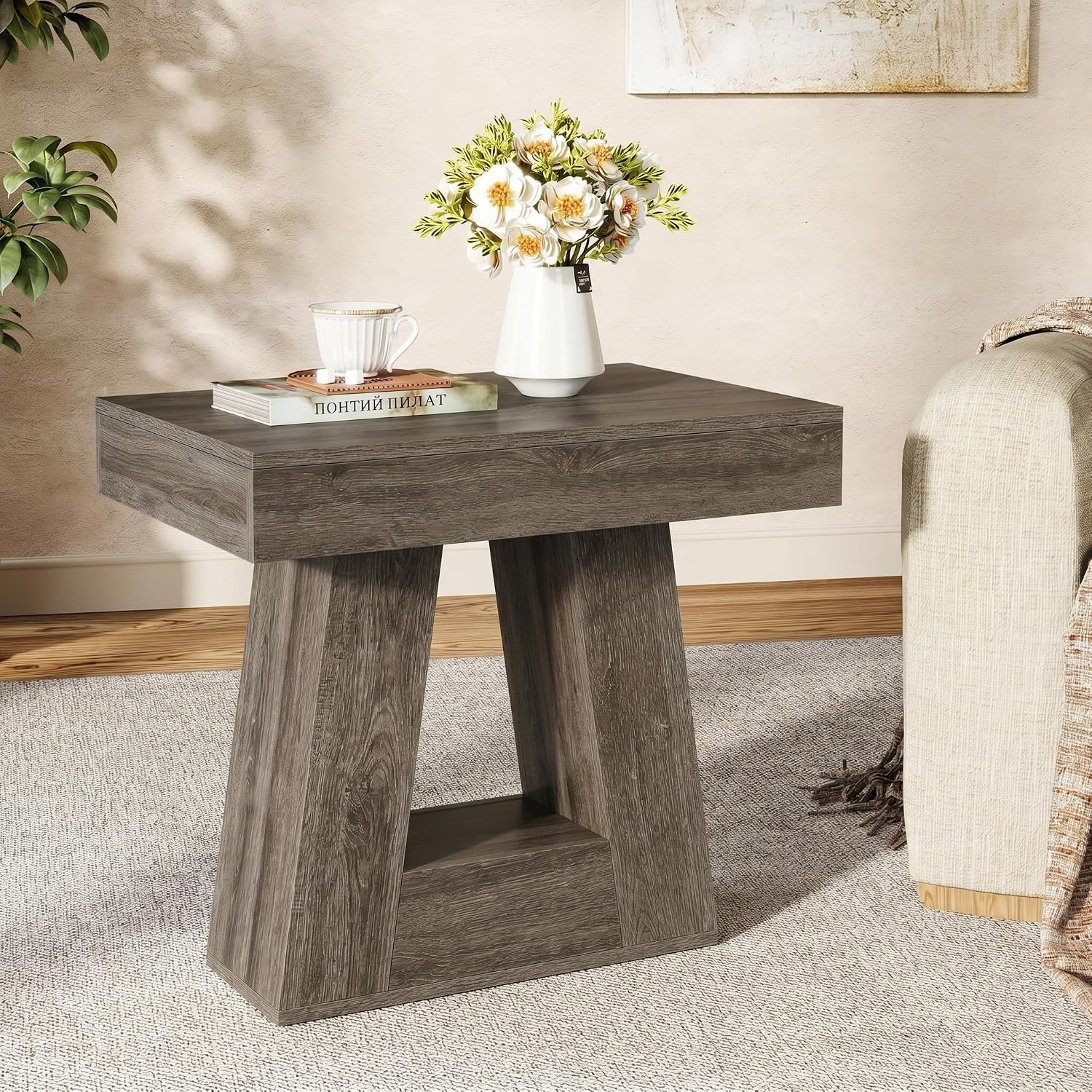 Tribesigns 24' Modern Side Table, 2-Tier Narrow Wooden End Table with Trapezoid Base, Farmhouse Small Nightstand for Living Room, Bedroom (1, Gray)