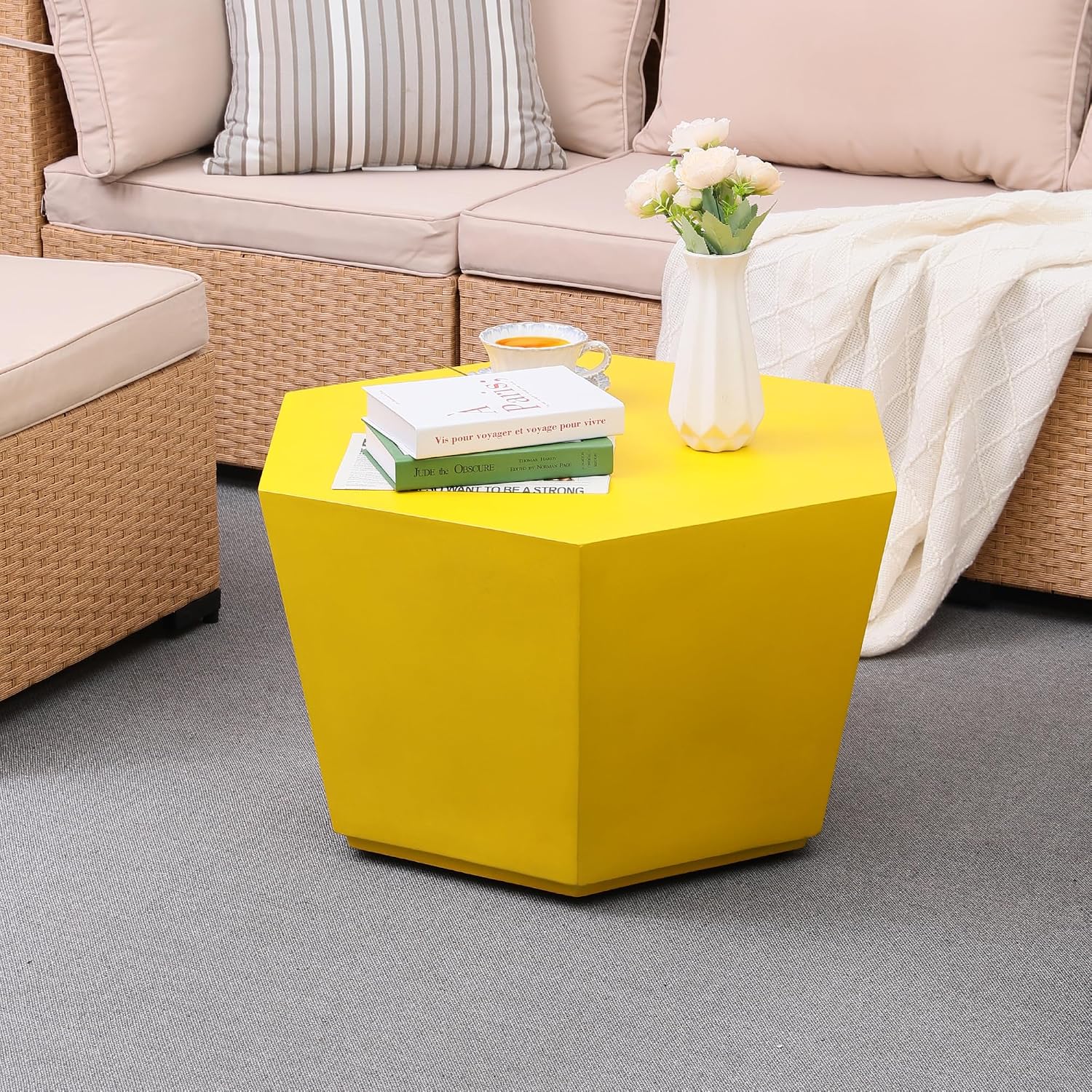 UPHA 28' Hexagon Outdoor Coffee Table, Modern Hollow Concrete Patio Table, Small Minimalist Low Accent Table for Living Room, Balcony, Deck, Backyard, Lemon Yellow