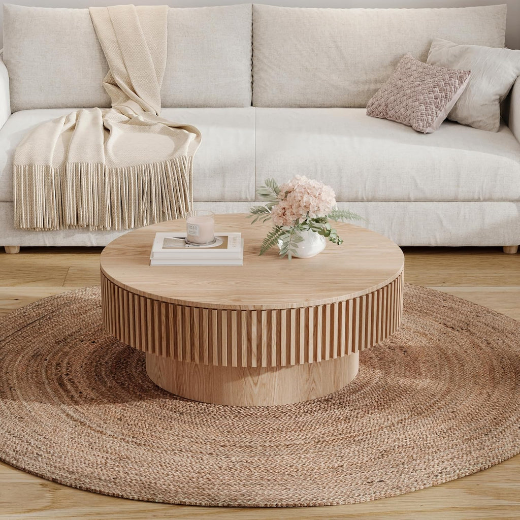 Round Coffee Table with Storage, Modern Handcraft Drum Coffee Table Wood Circle Center Table for Living Room Apartment, 31.49' Oak