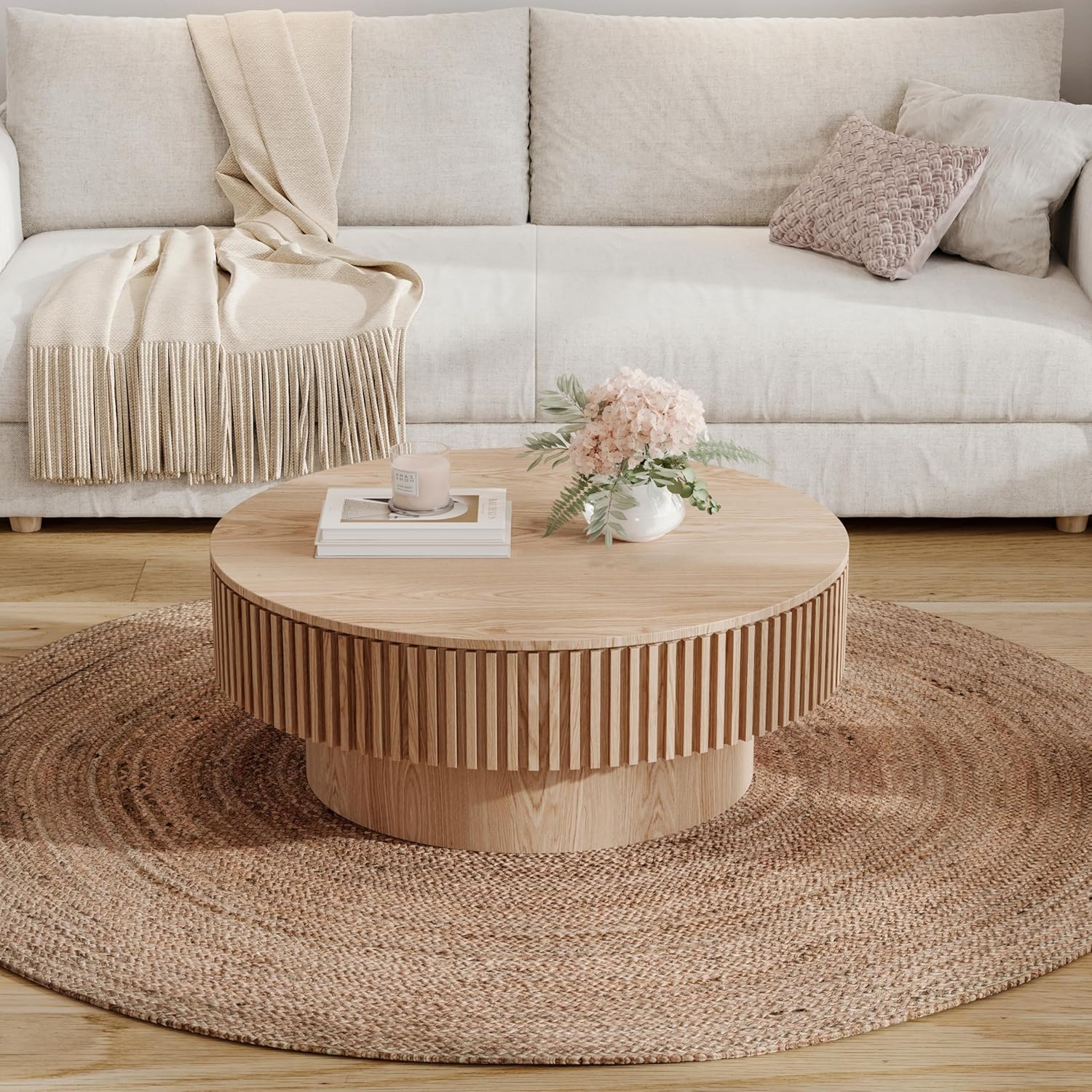 Round Coffee Table with Storage, Modern Handcraft Drum Coffee Table Wood Circle Center Table for Living Room Apartment, 31.49' Oak