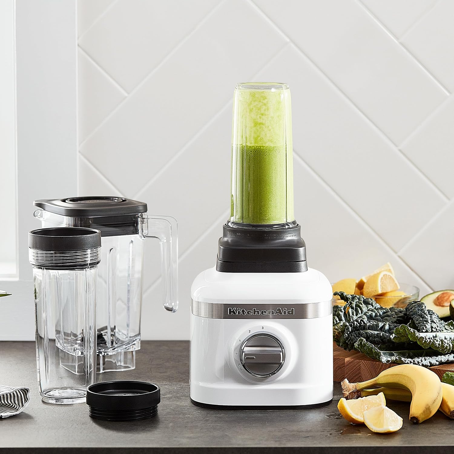 KitchenAid K150 3 Speed Ice Crushing Blender with 2 Personal Blender Jars - KSB1332Y - White