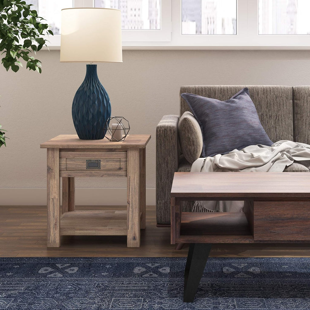SIMPLIHOME Monroe End Table - 22 inch Wide Solid Acacia Wood Side Table in Rustic Natural Aged Brown, Farmhouse Accent Table for Living Room or Bedroom with Drawer and Shelf