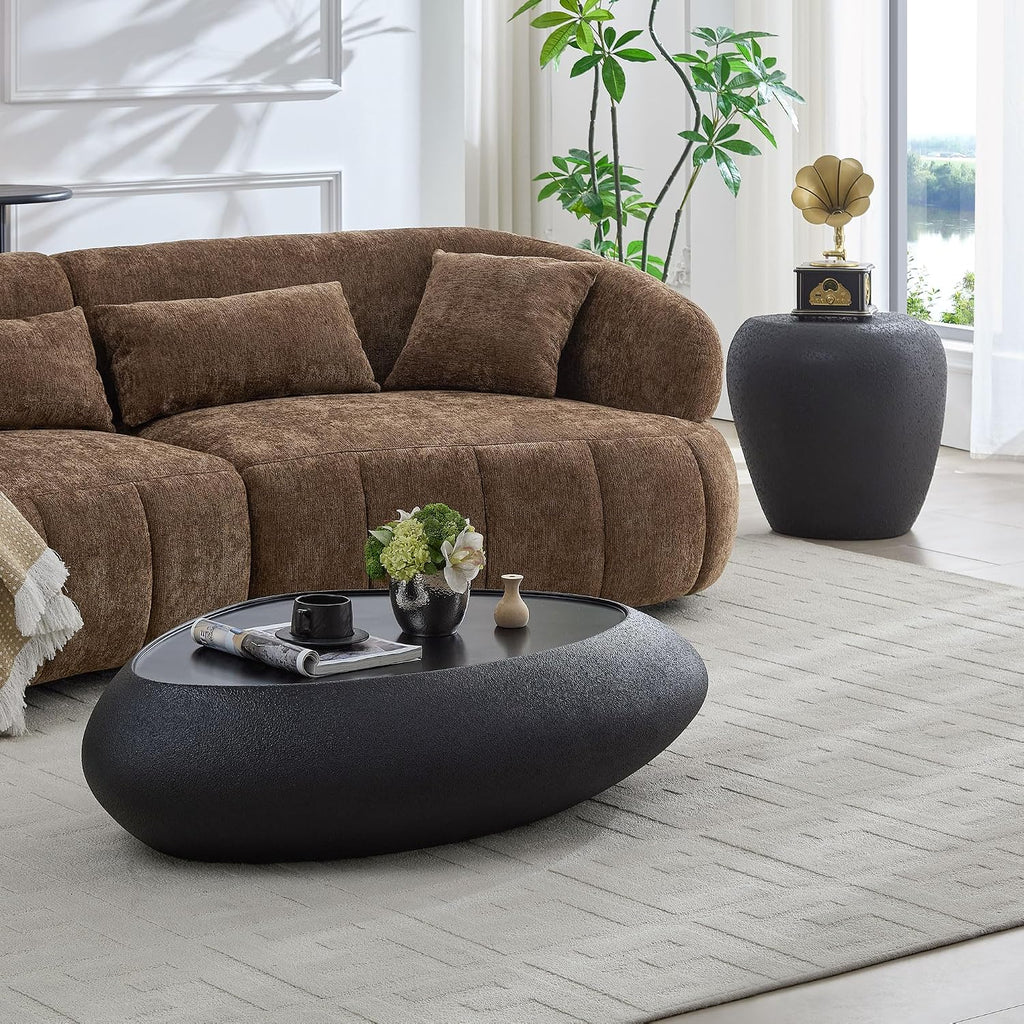 Oval Coffee Table for Living Room, Faux Stone Center Table, Accent Irregular Tea Table for Office Apartment, No Need Assembly, Black