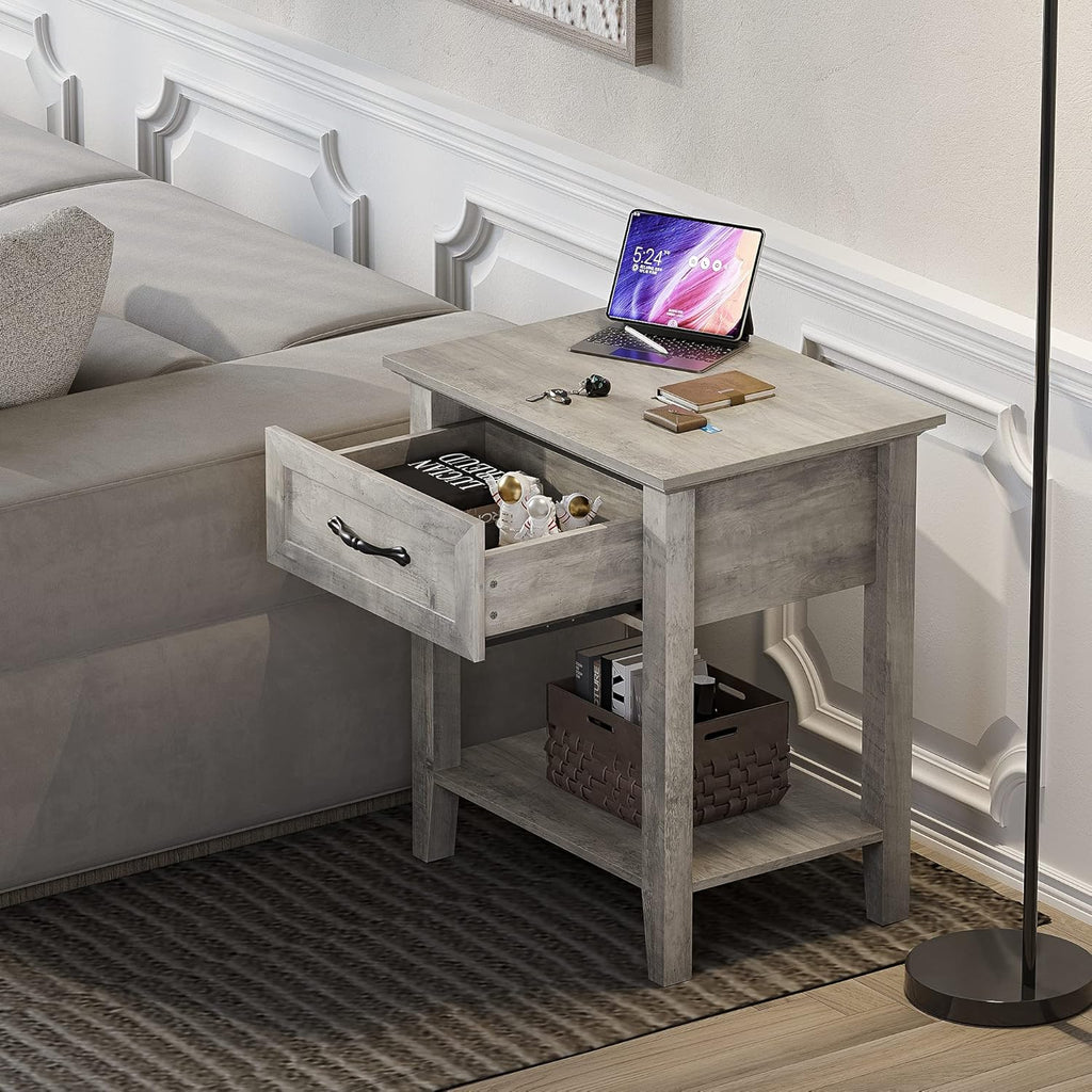 GarveeHome End Table with Drawer, Nightstands for Living Room, Side Table for Study Room, 2 Tiers Storage Shelves Bedside Table for Bedroom, Dorm, 2pcs-Grey