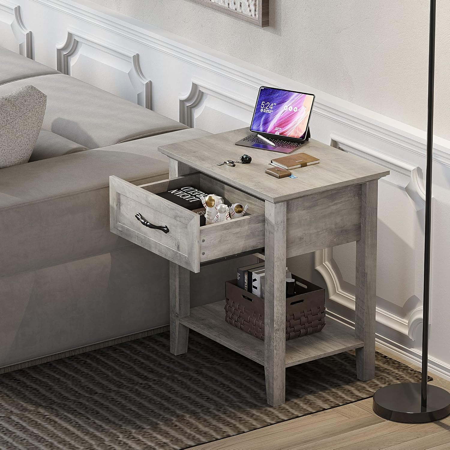 GarveeHome End Table with Drawer, Nightstands for Living Room, Side Table for Study Room, 2 Tiers Storage Shelves Bedside Table for Bedroom, Dorm, 2pcs-Grey