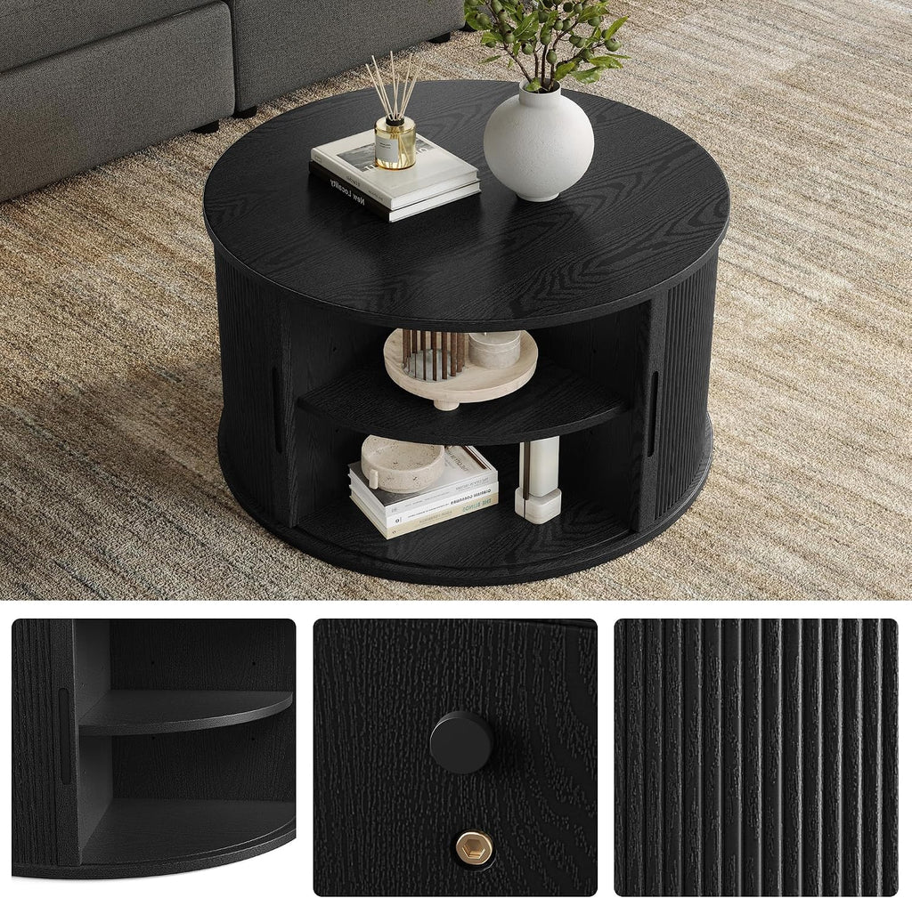 LINSY HOME Round Coffee Table, 31.5' Drum Coffee Table with Sliding Tambour Door, Fluted Accent Center Table with Storage, Mid Century Modern Coffee Table for Living Room (Black)