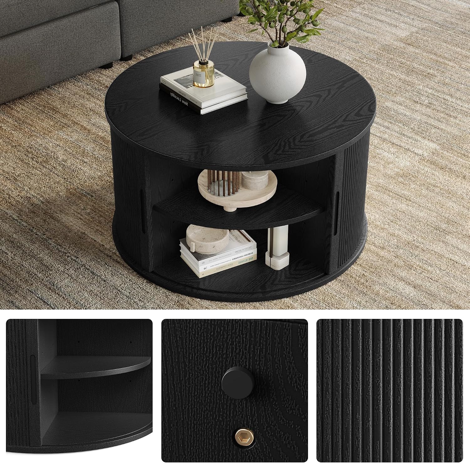 LINSY HOME Round Coffee Table, 31.5' Drum Coffee Table with Sliding Tambour Door, Fluted Accent Center Table with Storage, Mid Century Modern Coffee Table for Living Room (Black)