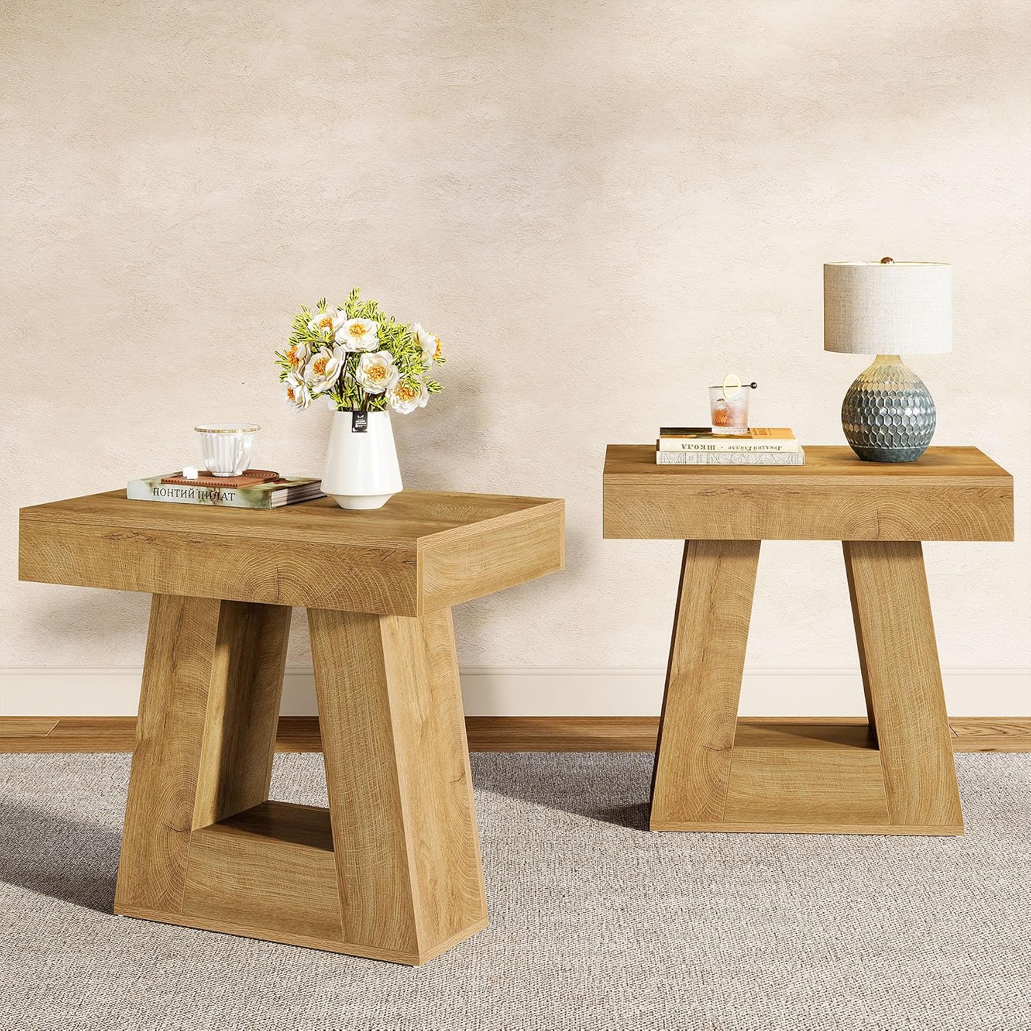 Tribesigns 24' Modern Side Table Set of 2, 2-Tier Narrow Wooden End Table with Trapezoid Base, Farmhouse Small Nightstand for Living Room, Bedroom (Natural Wood Color)