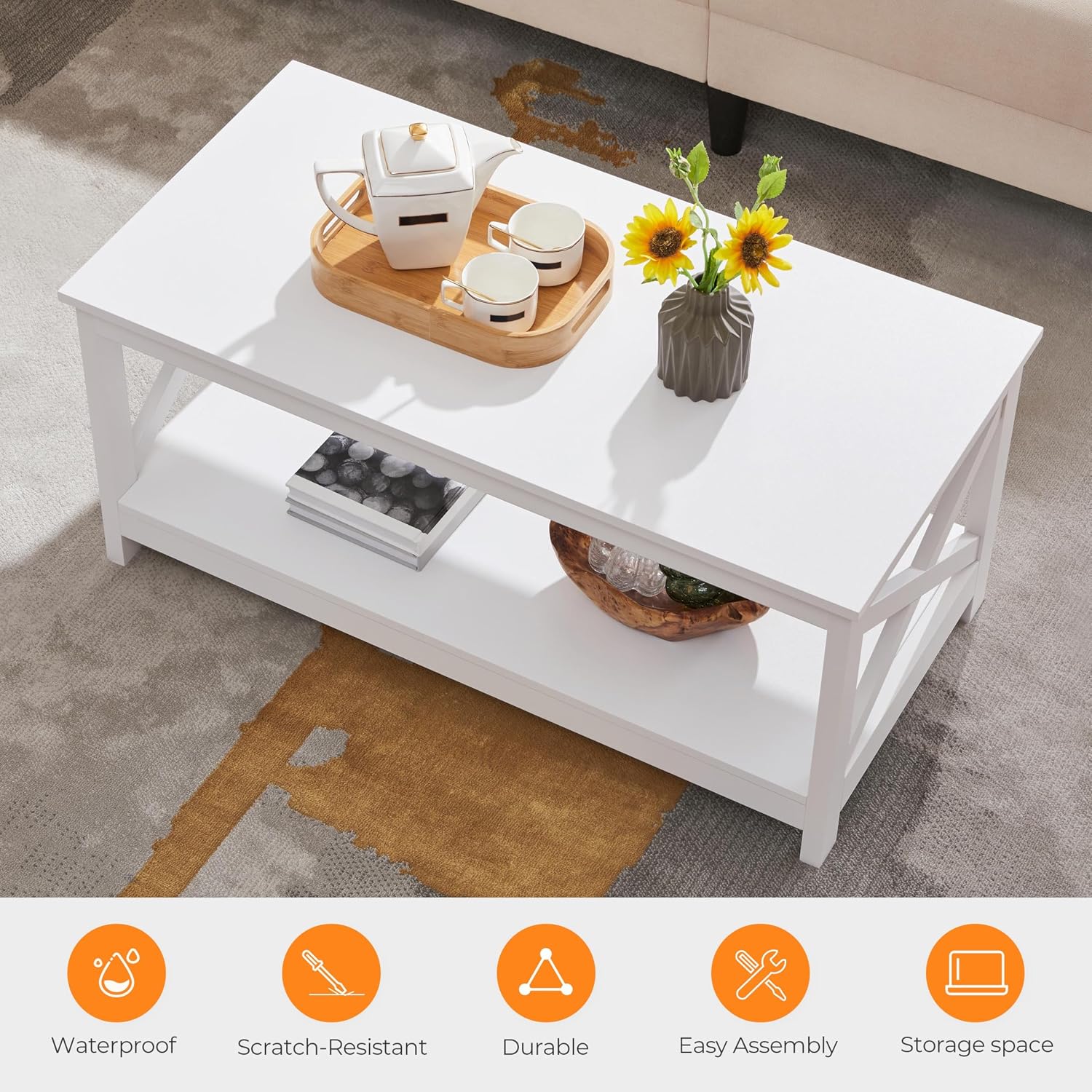 Yaheetech 3 Piece Living Room Wood Table Set, X-Design Coffee Table with Shelf & 2 x 3-Tier End Side Tables Storage Cabinet for Living Room, Accent Furniture, White