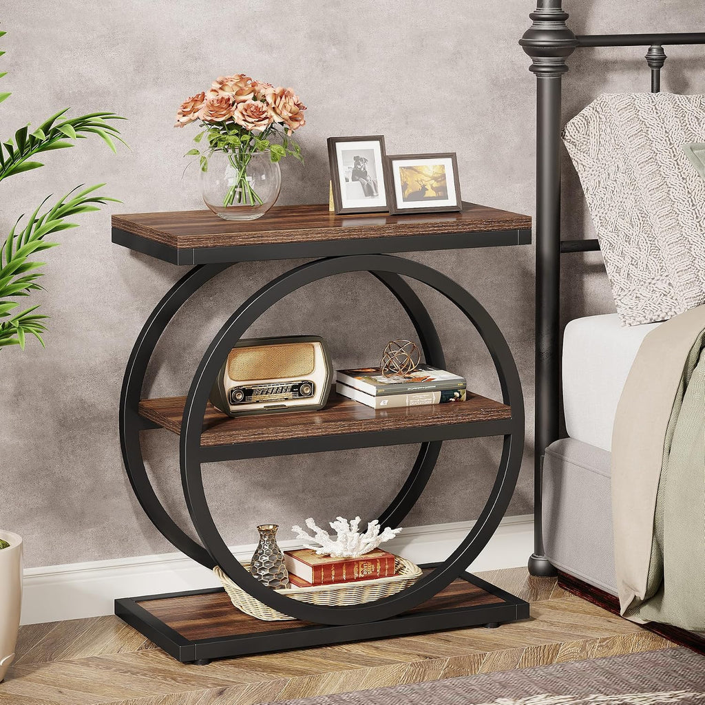 Tribesigns End Table Set of 2, Narrow End Table with 3 Storage Shelves, Wooden Side Table, Industrial Small Sofa Side Table for Living Room, Slim Nightstand and Bedside Table for Bedroom