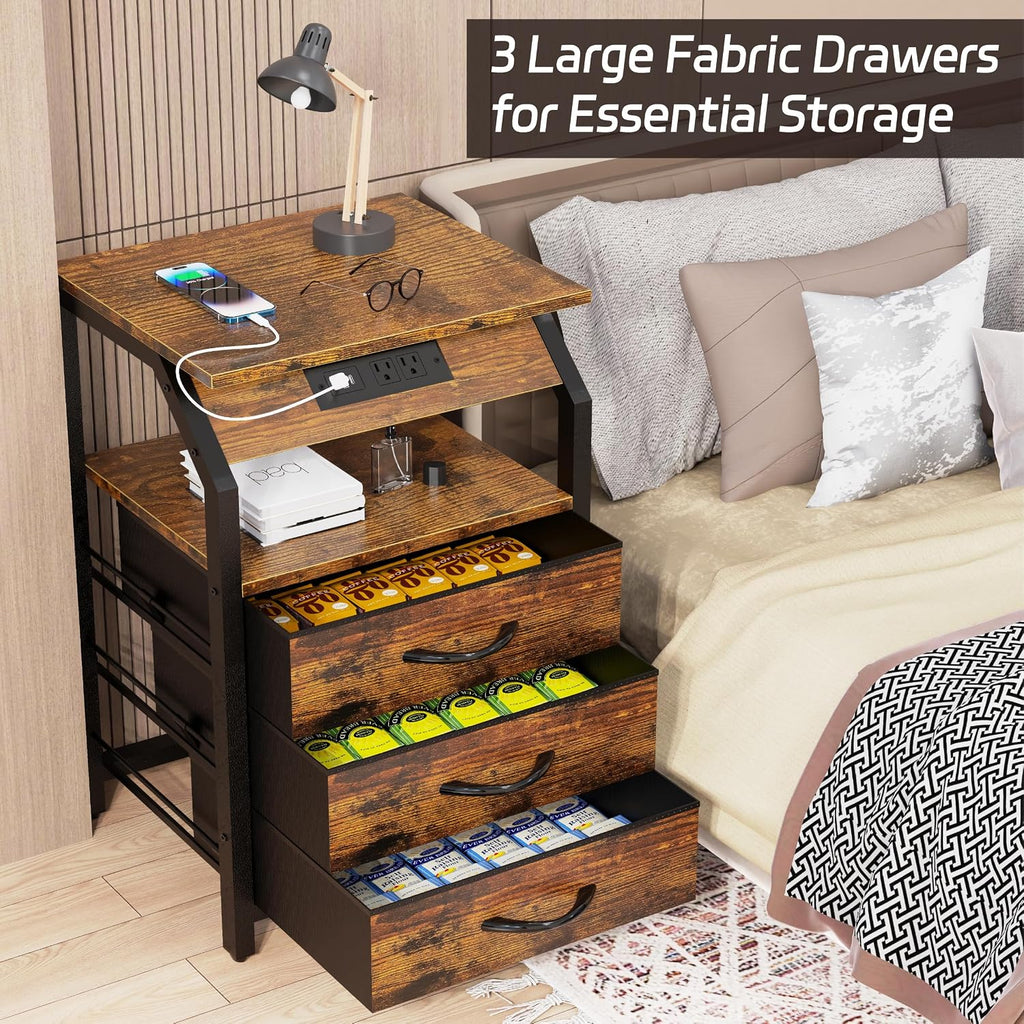 SZLHANJZ End Tables Set of 2, Nightstands with Charging Station and LED Lights, 3 Drawers Fabric Bedside Table, Storage Side Tables for Bedside, Living Room, Rustic Brown