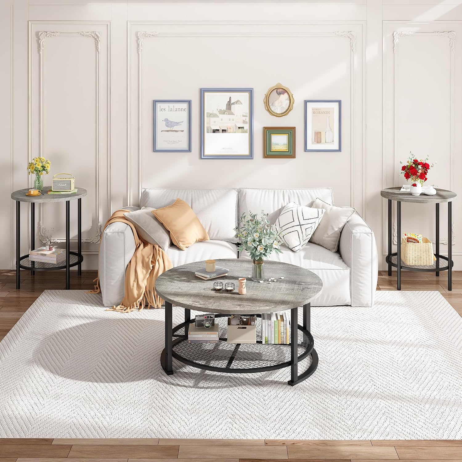 Recaceik Round Coffee Table and End Table Set of 3 with Storage, Modern Vintage Grey Coffee Table and Side Table for Living Room, Office, Apartment, Small Space