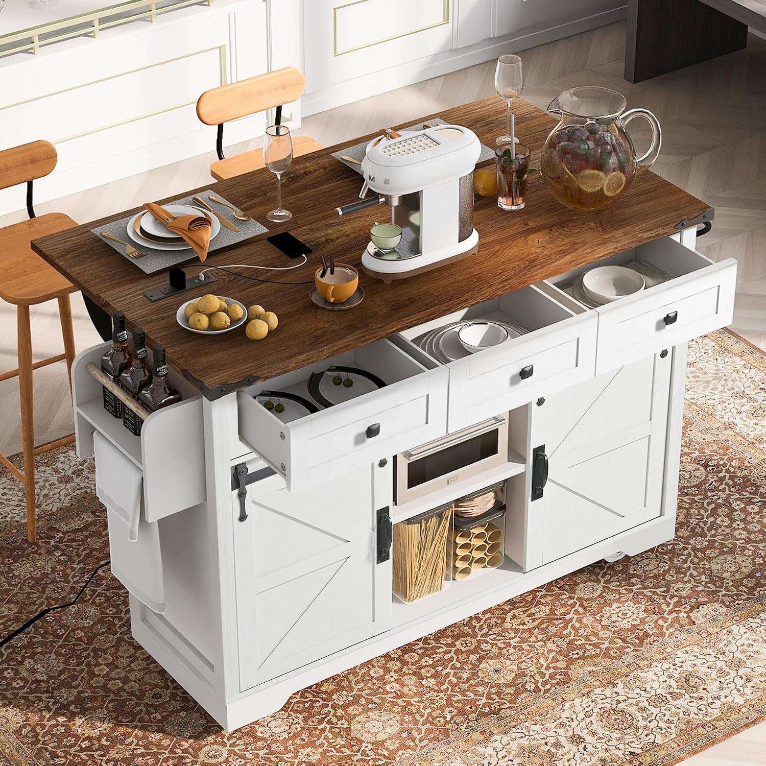 53.7' Farmhouse Kitchen Island With Power Outlet and Sliding Barn Doors, Rustic Storage Island With Drop Leaf, Rolling Cart With Drawers and Spice Rack for Dining Room