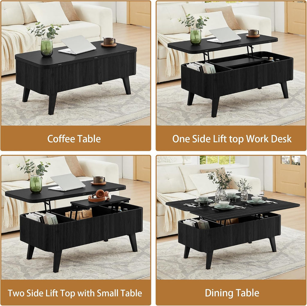 Fluted Lift Top Coffee Table, 3 in 1 Convertible Coffee Tables Converts to Dining Tables, Modern Oval Wooden Center Table with Storage for Living Room Office Small Space, Partial Assembly (Black)