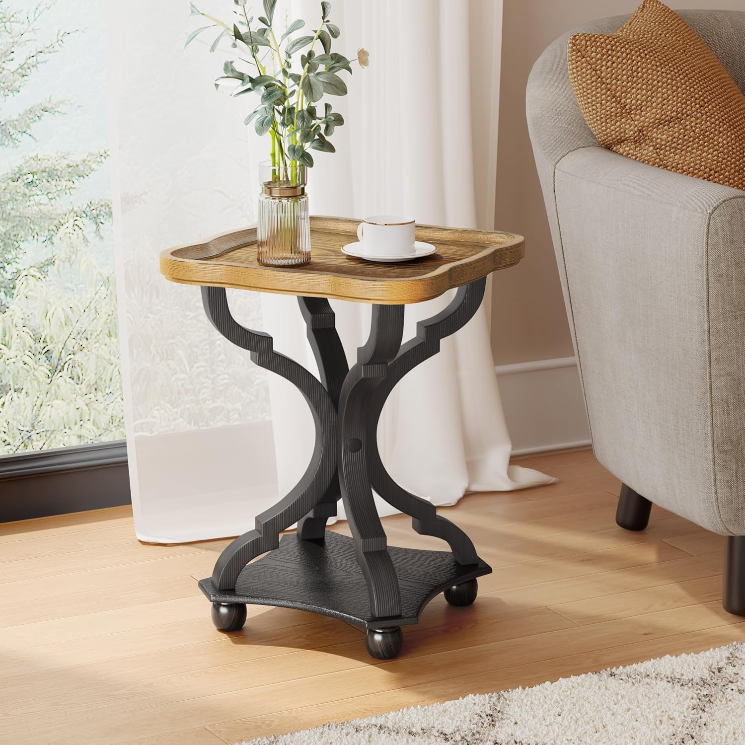 Christopher Knight Home Eudora 25' Small End Table, Hourglass Design Accent Table with Lipped Tabletop, French Country Furniture, Wooden Small Coffee Table, Living Room Side Table, Black + Natural