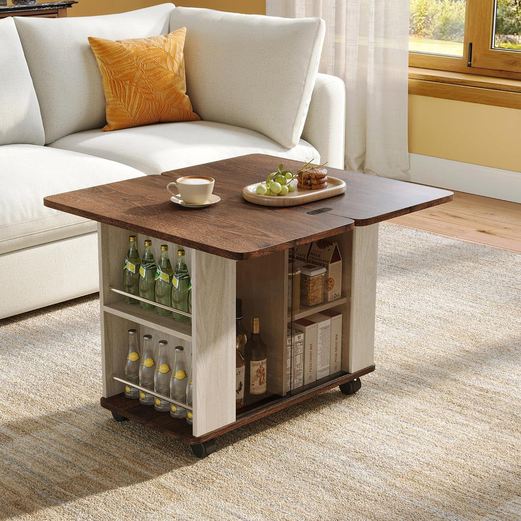 LINSY Folding Top End Table, Rolling Side Table with Universal Wheels, Modern Farmhouse Coffee Table with Sliding Glass Doors and Storage Shelf, Wood Narrow Nightstand for Living Room and Small Space