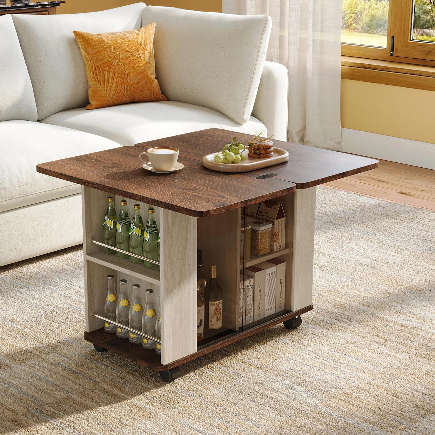 LINSY Folding Top End Table, Rolling Side Table with Universal Wheels, Modern Farmhouse Coffee Table with Sliding Glass Doors and Storage Shelf, Wood Narrow Nightstand for Living Room and Small Space