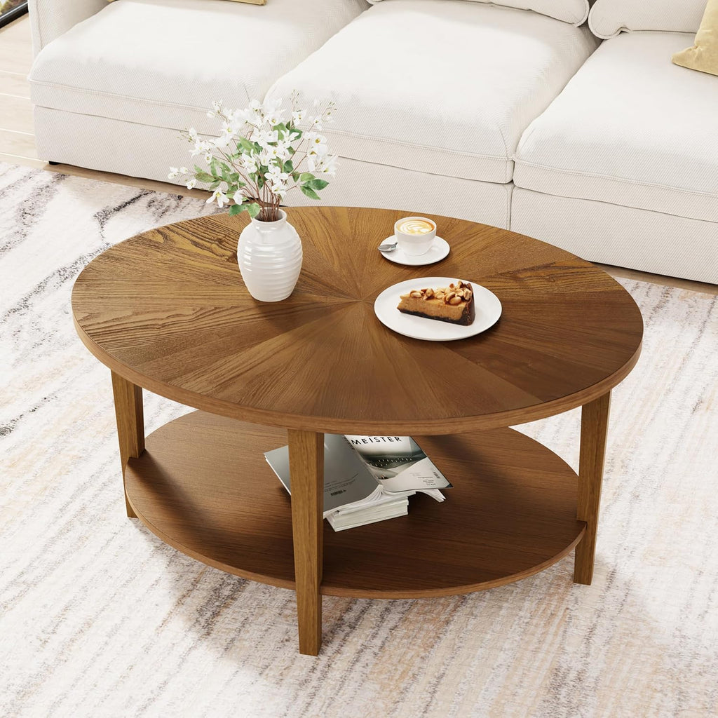 Solid Wood Oval Coffee Table for Living Room, 2 Tier Farmhouse Coffee Table with Storage Shelf, Double Layer Center Table for Living Room, Easy Assembly