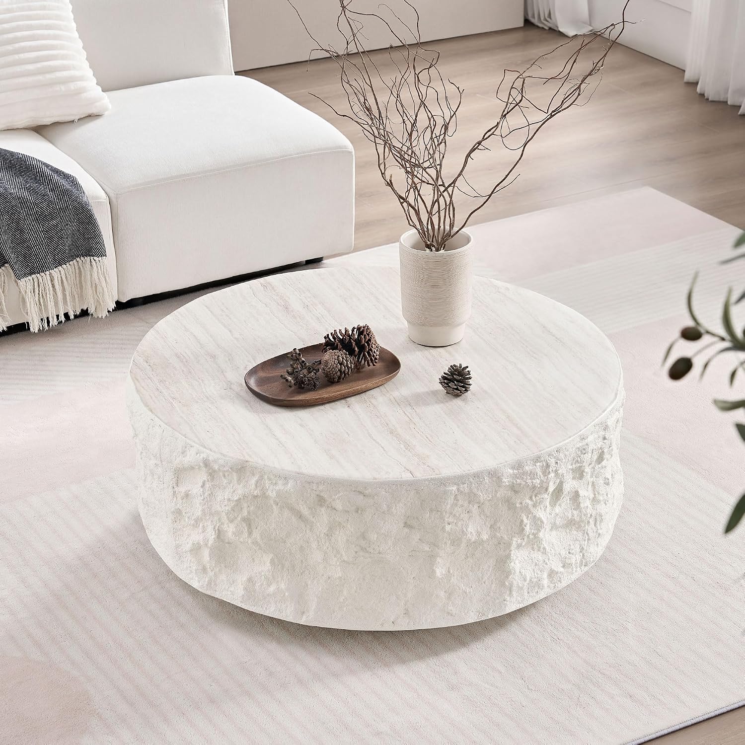 Round Coffee Table Set of 2 for Living Room Modern Drum Center Table Circle Side Tables for Apartment, No Need Assembly (Fiberglass 35.43'' &15.75'' Cement Stone Pattern)