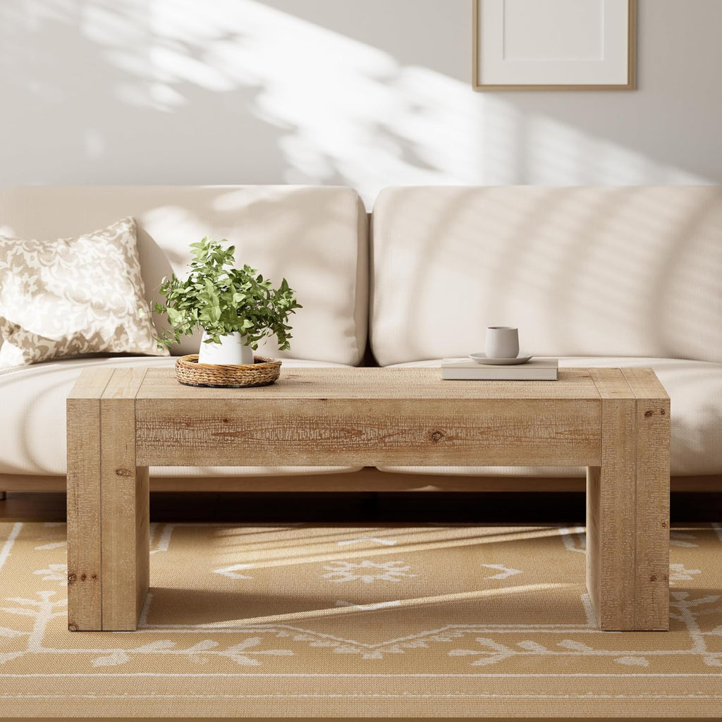 COZAYH Modern Rustic Wood Coffee Table with Thick Legs, Rectangular Living Room Center Table, Natural Finish Design, Sturdy Farmhouse Style for Home Decor, Office, Brown