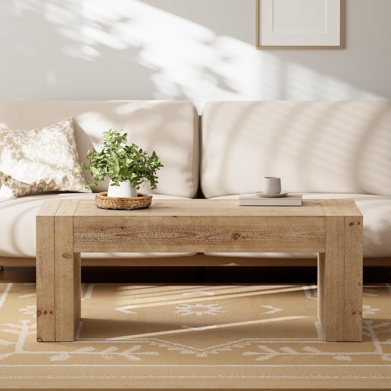 COZAYH Modern Rustic Wood Coffee Table with Thick Legs, Rectangular Living Room Center Table, Natural Finish Design, Sturdy Farmhouse Style for Home Decor, Office, Brown