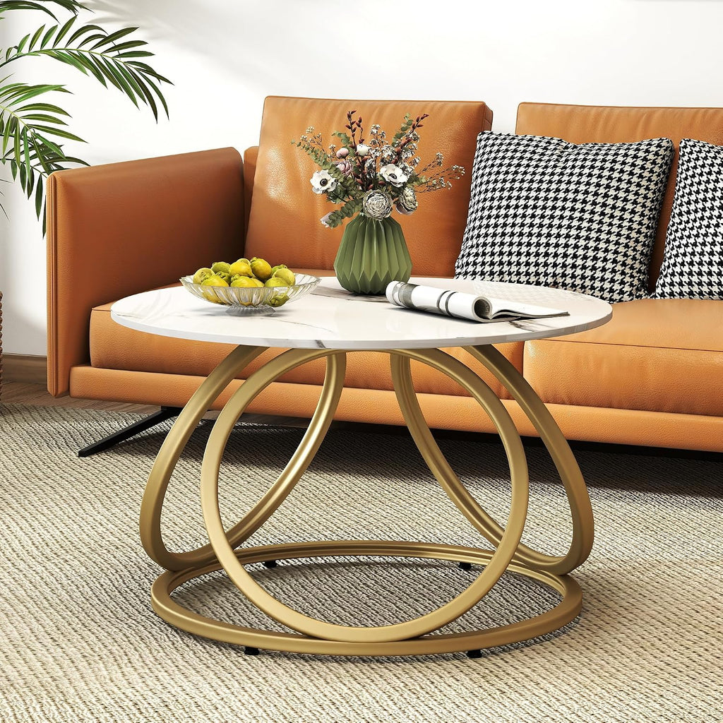 O&K FURNITURE Gold Round Coffee Table, Faux Marble Top with Veins, Modern Center Table with Gold Metal Frame, for Living Room, Home Office, 1 PC