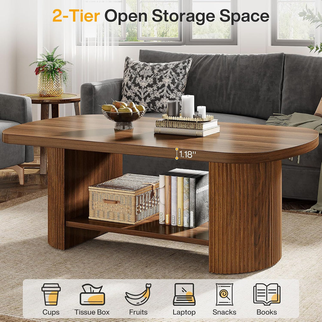 Tribesigns Oval Coffee Table, Mid-Century 2-Tier Coffee Table with Storage Shelf, Modern 45.27' Accent Center Table with Wooden Dual Base for Living Room Bedroom Apartment (Rustic Brown)