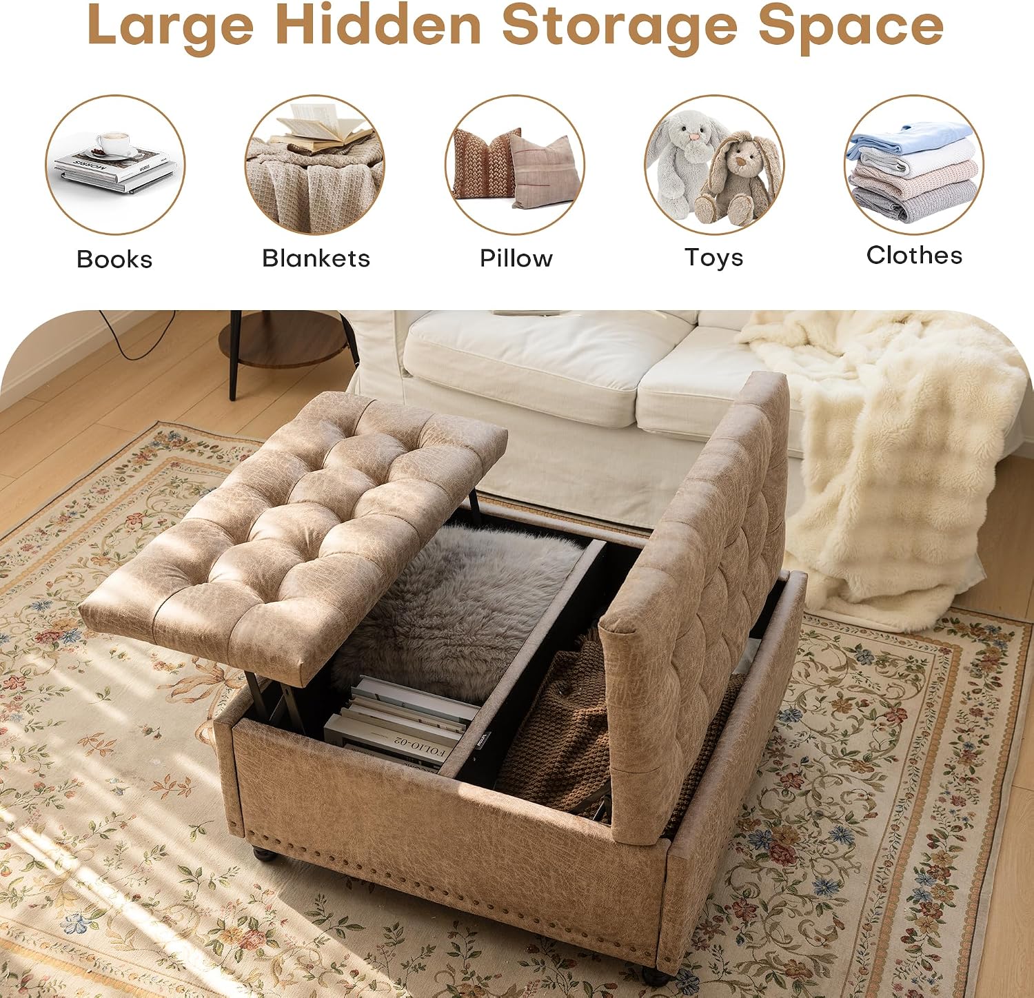 Redlife 35 Inch Large Square Storage Ottoman, Storage Ottoman Coffee Table with Lift Top Faux Leather Ottomans Bench Square Footrest Oversized Upholstered Coffee Table for Living Room (Champagne)