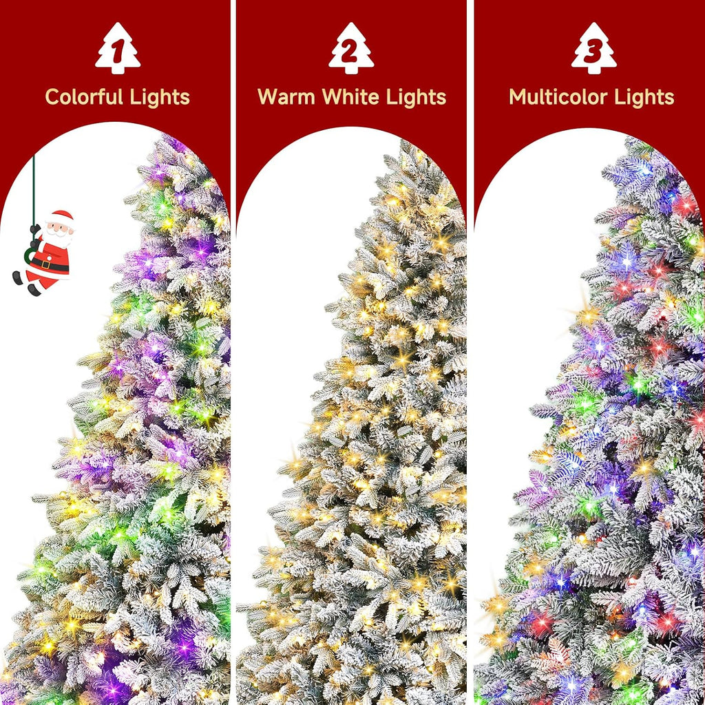 ASOMST Pre-lit Artificial Christmas Tree with Music Sync, Rotating & Foldable Stand, 9ft Snow Flocked Xmas Trees with Remote for Home Décor, 2512 Branch Tips, 600 RGB & Warm White Light