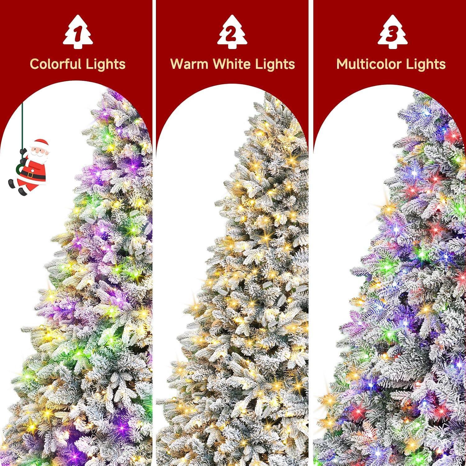 ASOMST Pre-lit Artificial Christmas Tree with Music Sync, Rotating & Foldable Stand, 9ft Snow Flocked Xmas Trees with Remote for Home Décor, 2512 Branch Tips, 600 RGB & Warm White Light