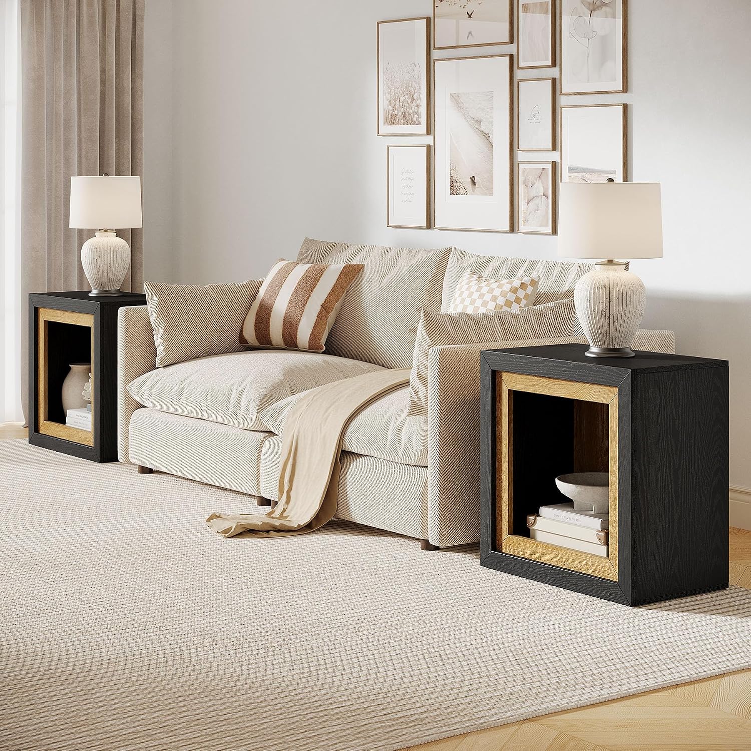 Tribesigns Modern End Table Set of 2 with Frame-Inspired Design, Industrial Wood Set 2 Cube Side Table with Large Storage Shelf, Sofa Couch Tables Accent for Living Room, Entrance